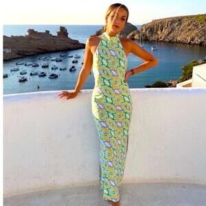 Zara Backless Halter Maxi Dress XL Green Yellow Resort
